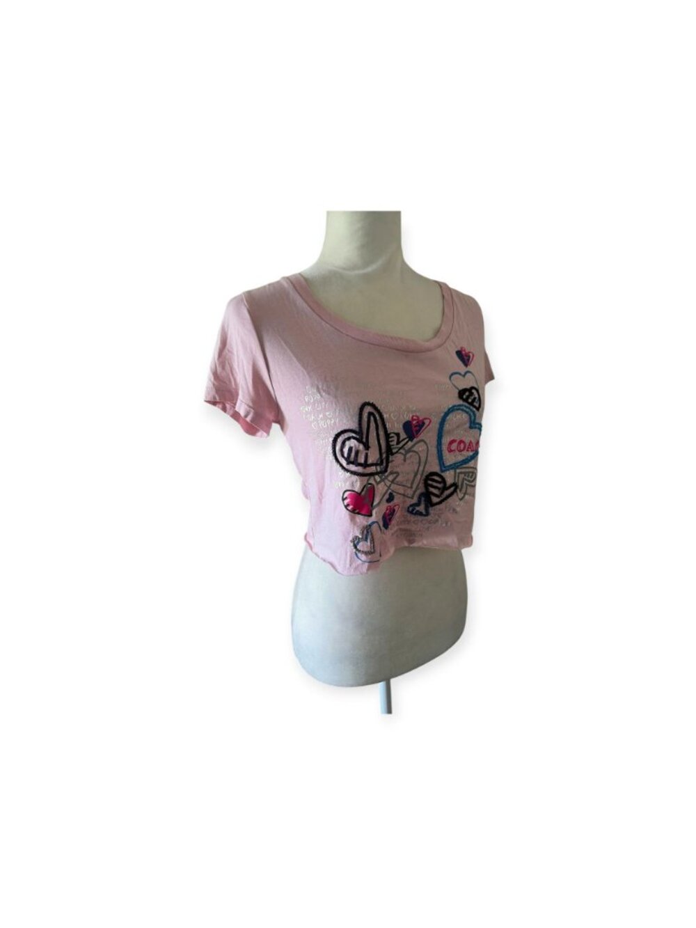 Vintage Coach Poppy Pink Heart Graphic Crop T-Shirt Womens S Rare Y2K Graffiti - Picture 8 of 14